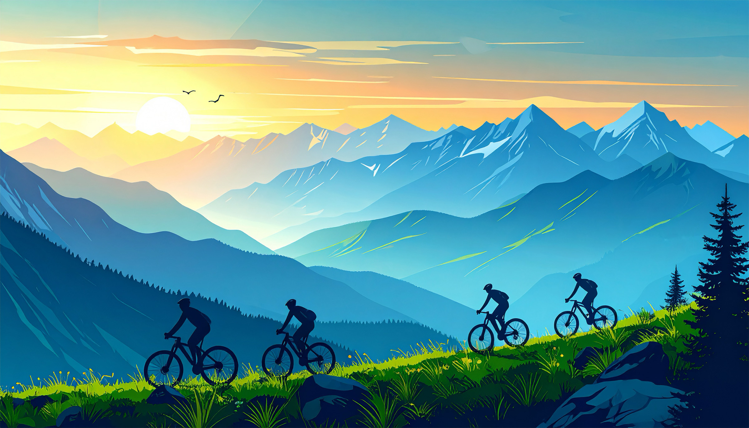 An illustrated image of Ridgeline MTB team members riding on a mountain trail during training.